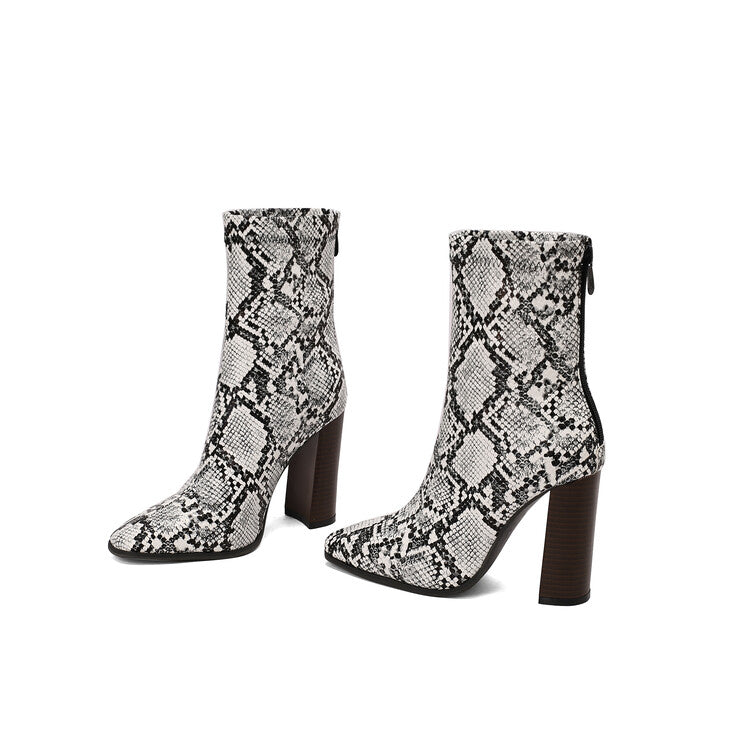 Women's Leopord Pattern Pointed Toe Square Heel Short Boots