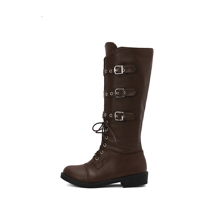 Women's Buckle Strap Round Toe Knee High Boots