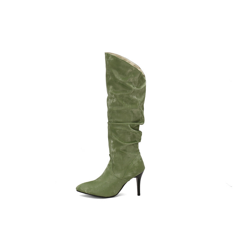 Women's Pleated Pointed Toe Thin Heel Knee High Boots