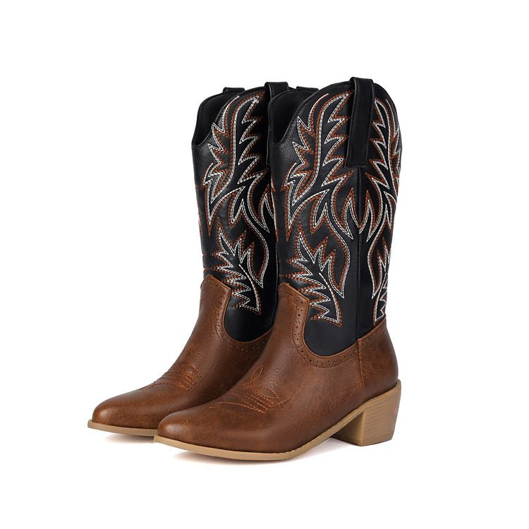 Women's Embroider Pointed Toe Low Heel Mid Calf Western Boots
