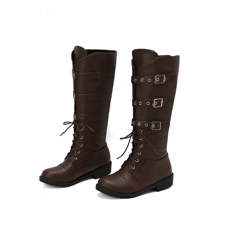 Women's Buckle Strap Round Toe Knee High Boots