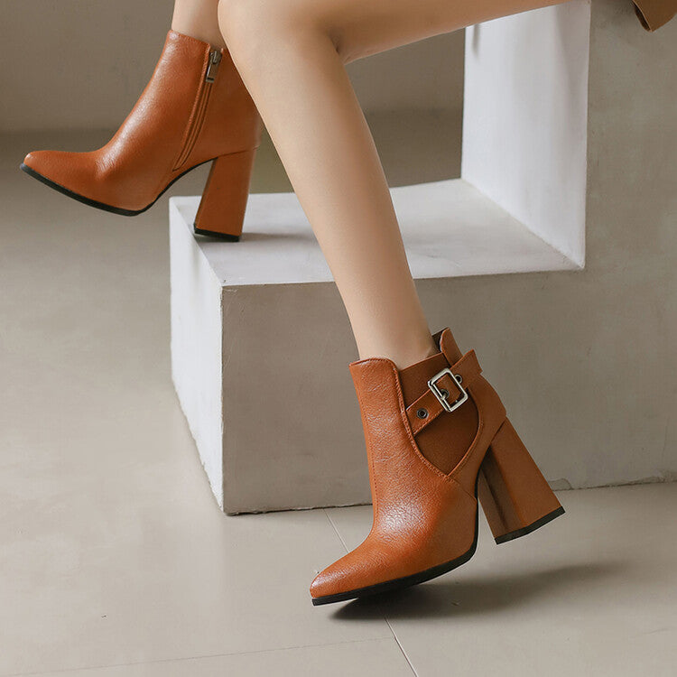 Women's Buckle Strap Pointed Toe Block Heel Ankle Boots