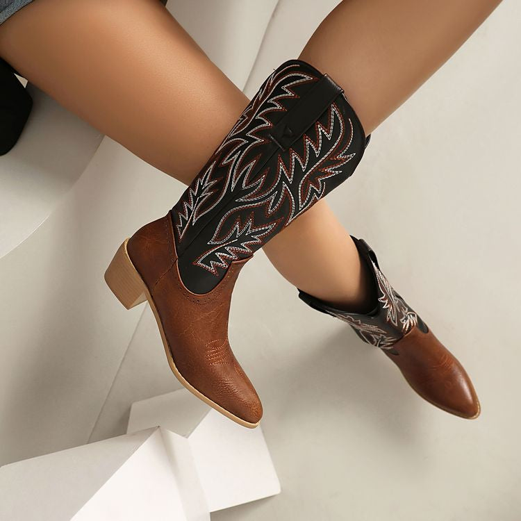 Women's Embroider Pointed Toe Low Heel Mid Calf Western Boots