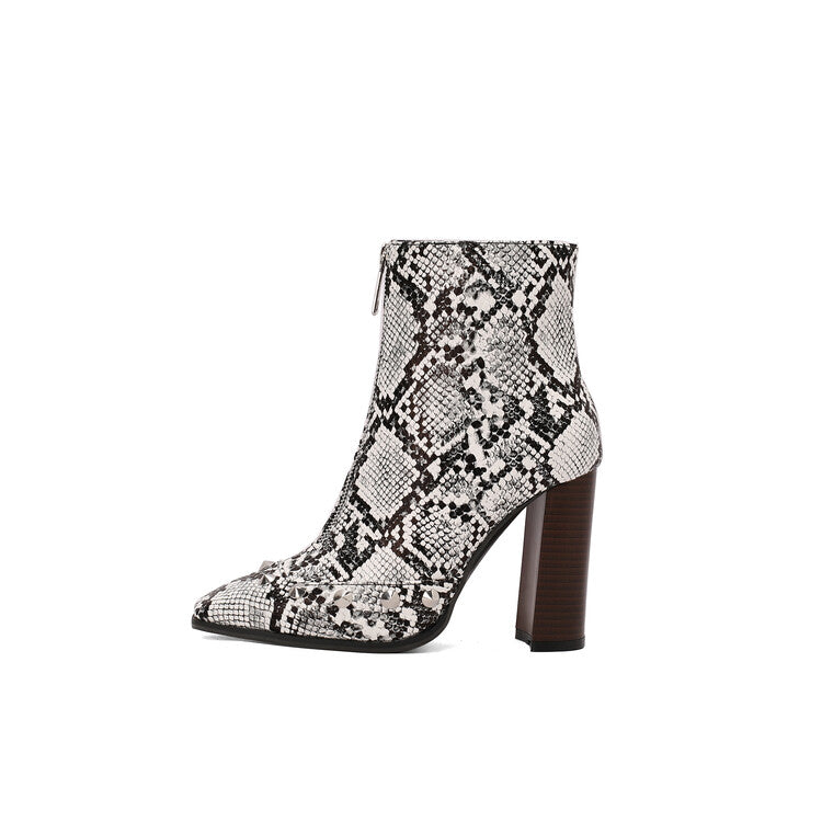 Women's Snake Pattern Rivets Pointed Toe Block Heel Short Boots
