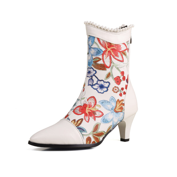 Women's Flowers Pearls Pointed Toe Spike Heel Short Boots