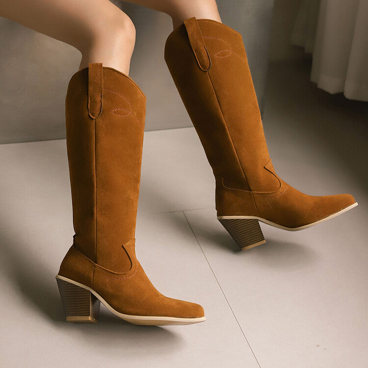 Women's Embroider Pointed Toe Block Heel Knee High Western Boots