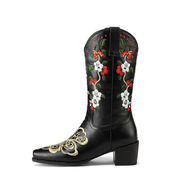 Women's Flowers Embroider Block Heel Western Boots