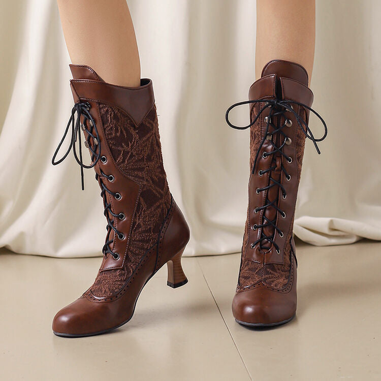 Women's Lace-Up Round Toe Hoof Heel Mid Calf Boots