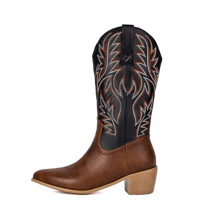 Women's Embroider Pointed Toe Low Heel Mid Calf Western Boots