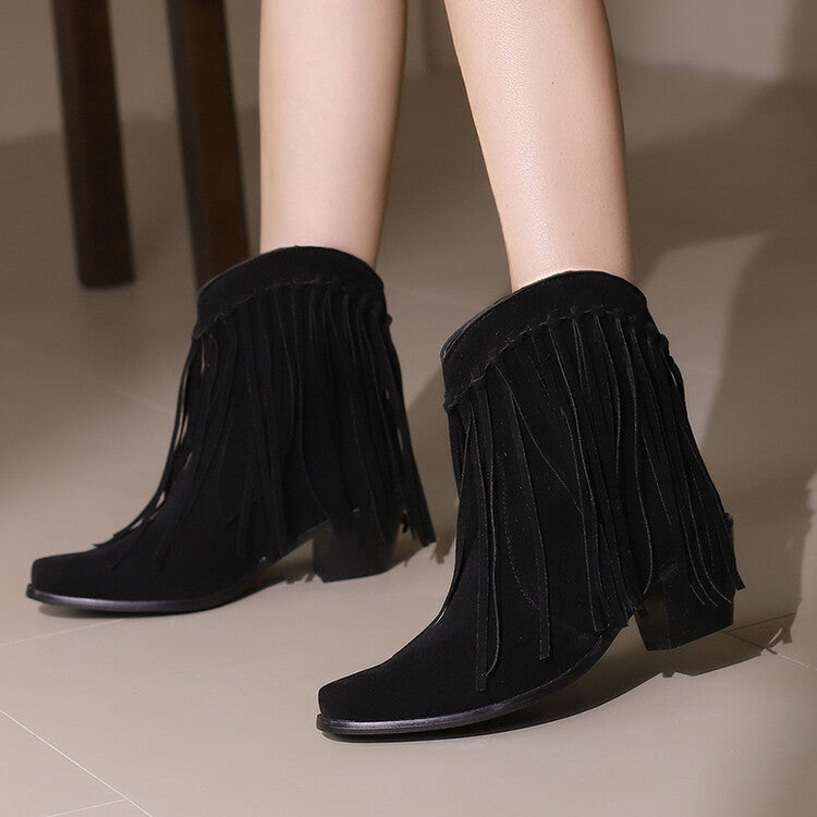 Women's Tassel Pointed Toe Block Heel Short Boots