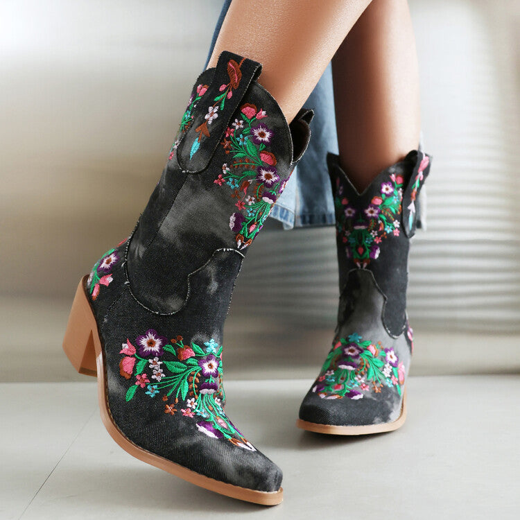 Women's Embroider Square Toe Block Heel Mid Calf Western Boots