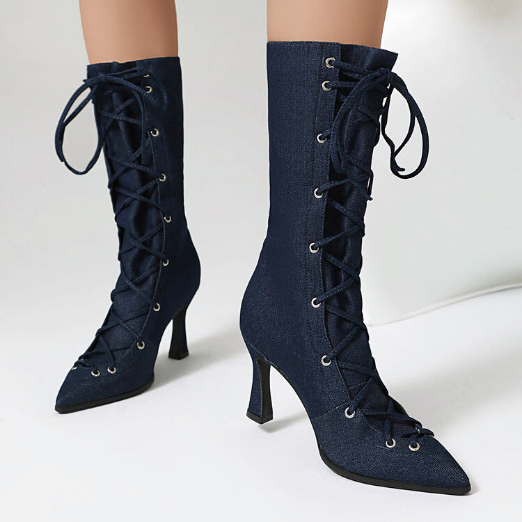 Women's Denim Cross Straps High Heel Mid Calf Boots