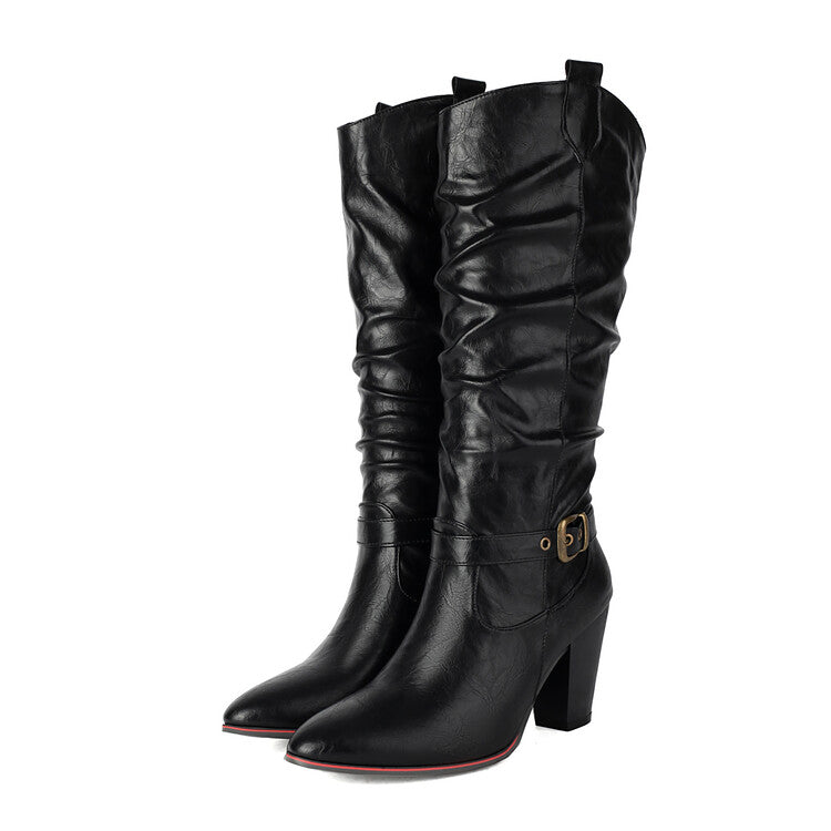 Women's Buckle Strap Pointed Toe Block Heel Knee High Western Boots