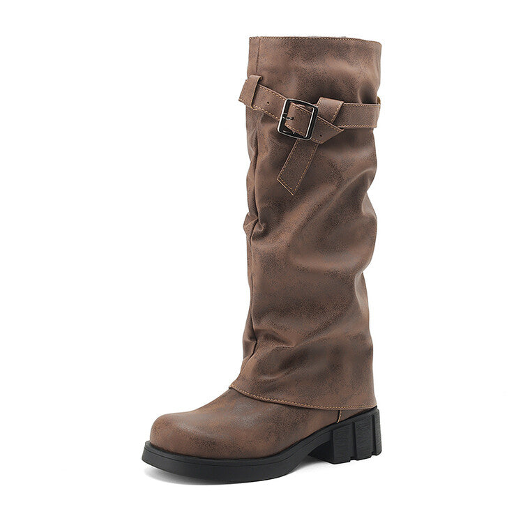 Women's Pleated Buckle Strap Mid Calf Boots