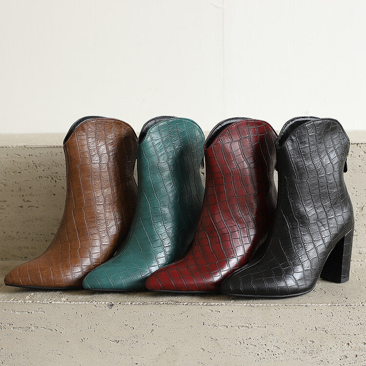 Women's Snake Pattern Pointed Toe Block Heel Western Short Boots