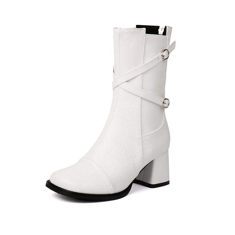 Women's Patchwork Buckle Strap Round Toe Block Heel Mid Calf Boots