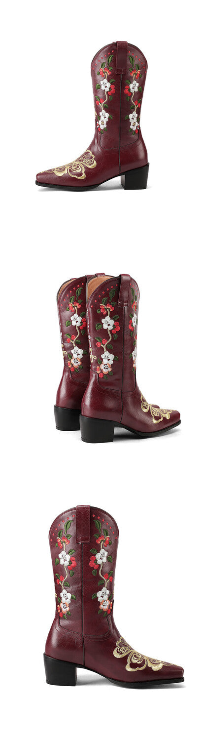 Women's Flowers Embroider Block Heel Western Boots
