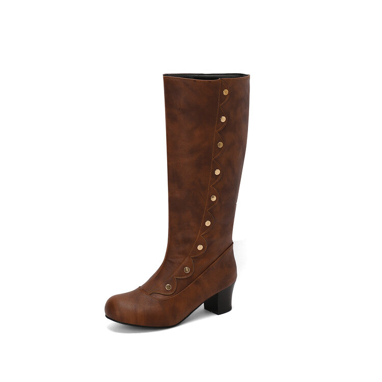 Women's Ruffles Rivets Round Toe Block Heel Knee High Boots