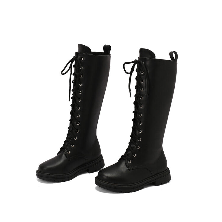 Women's Lace-Up Round Toe Flat Platform Knee High Boots