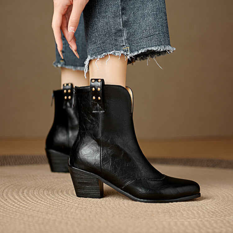 Women's Pointed Toe Square Heel Rivet Studded Ankle Boots
