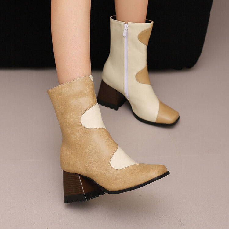 Women's Patchwork Square Toe Block Heel Ankle Boots