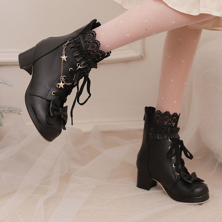 Women's Lace Bows Round Toe Square Heel Platform Ankle Boots