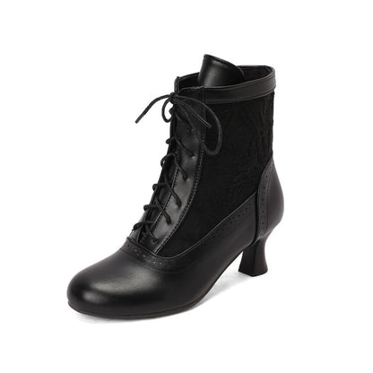 Women's Embroider Lace-Up Round Toe Hoof Heel Ankle Boots