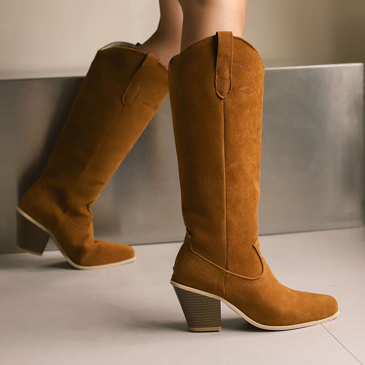 Women's Embroider Pointed Toe Block Heel Knee High Western Boots