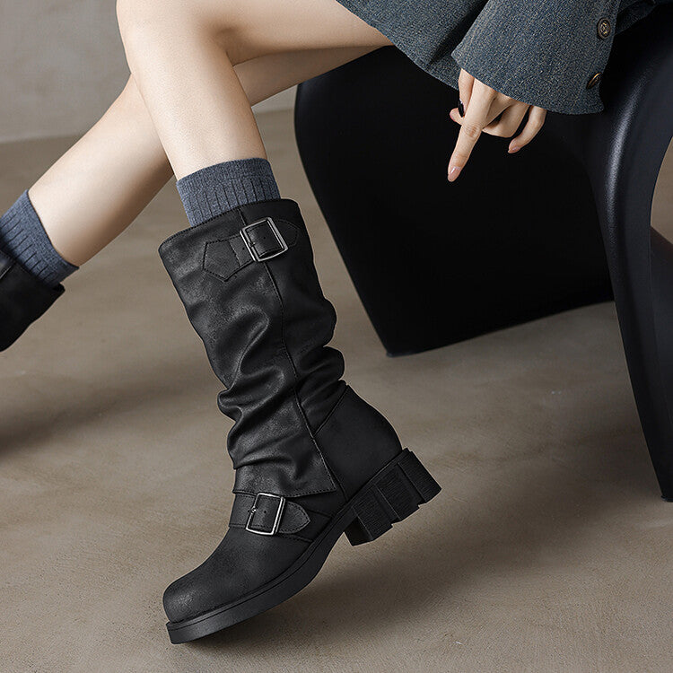 Women's Buckle Strap Low Heel Platform Mid Calf Boots