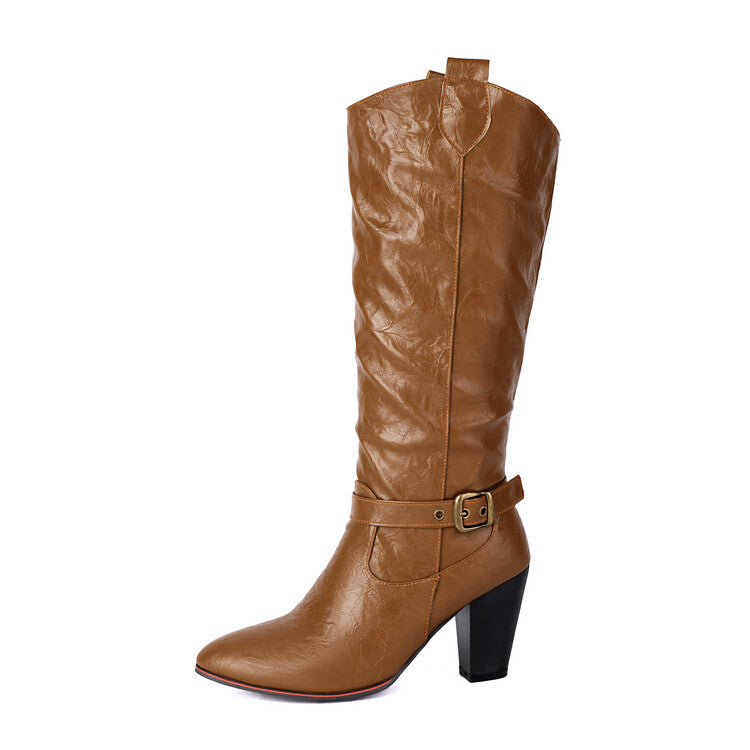 Women's Buckle Strap Pointed Toe Block Heel Knee High Western Boots
