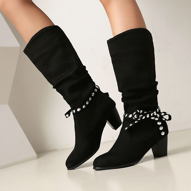 Women's Studded Round Toe High Heel Mid Calf Boots