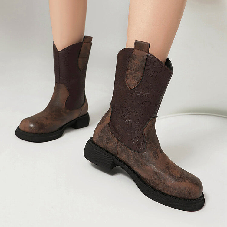 Women's Patchwork Round Toe Flat Platform Mid Calf Western Boots
