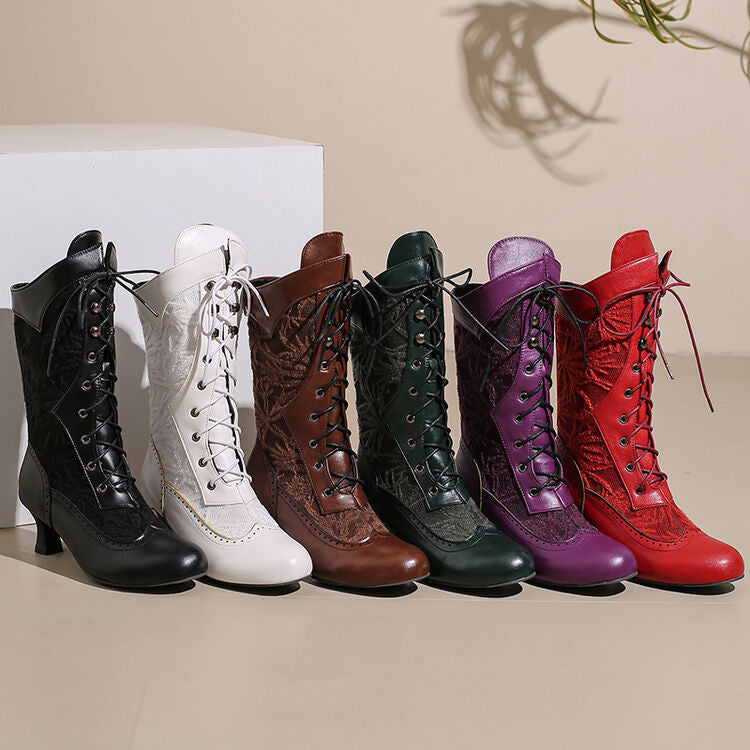 Women's Lace-Up Round Toe Hoof Heel Mid Calf Boots