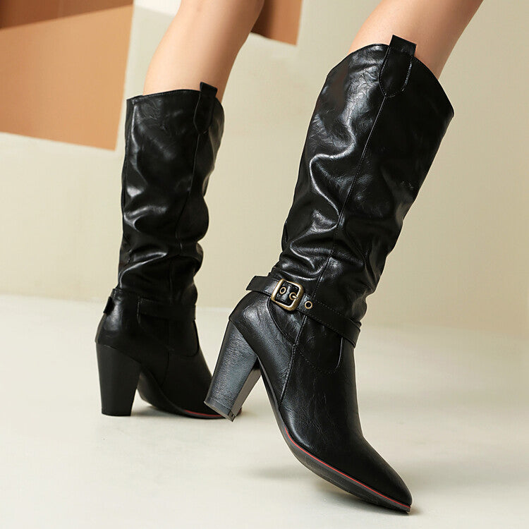 Women's Buckle Strap Pointed Toe Block Heel Knee High Western Boots
