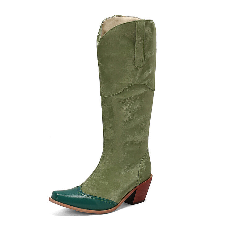 Women's Patchwork Pointed Toe Block Heel Knee High Western Boots
