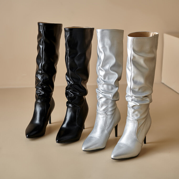Women's Pleated Pointed Toe Thin Heel Knee High Boots