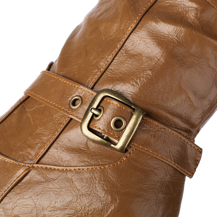Women's Buckle Strap Pointed Toe Block Heel Knee High Western Boots
