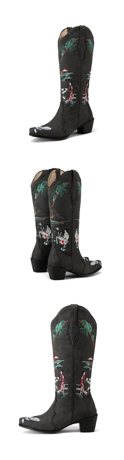 Women's Printed Embroider Block Heel Western Boots