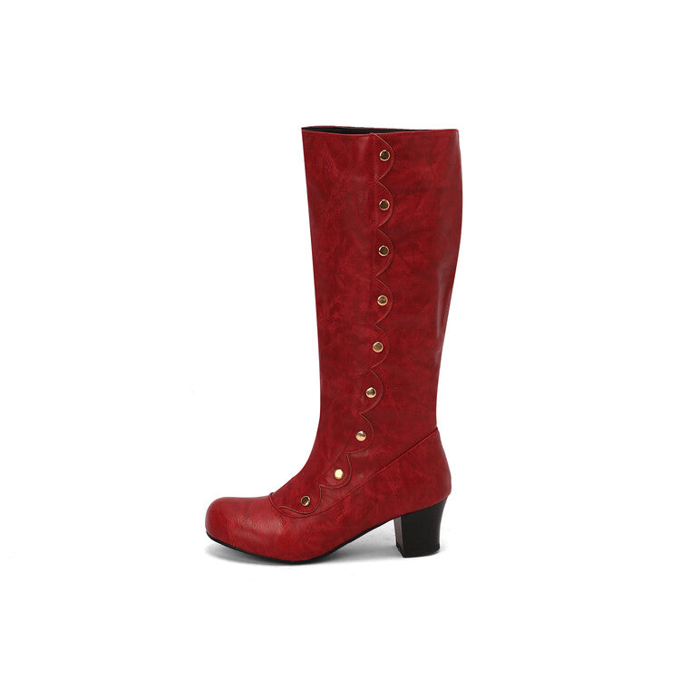Women's Ruffles Rivets Round Toe Block Heel Knee High Boots