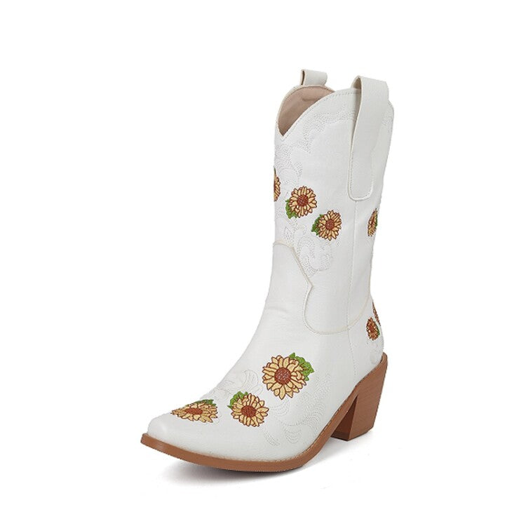 Women's Embroider Printed Square Toe Block Heel Mid Calf Western Boots