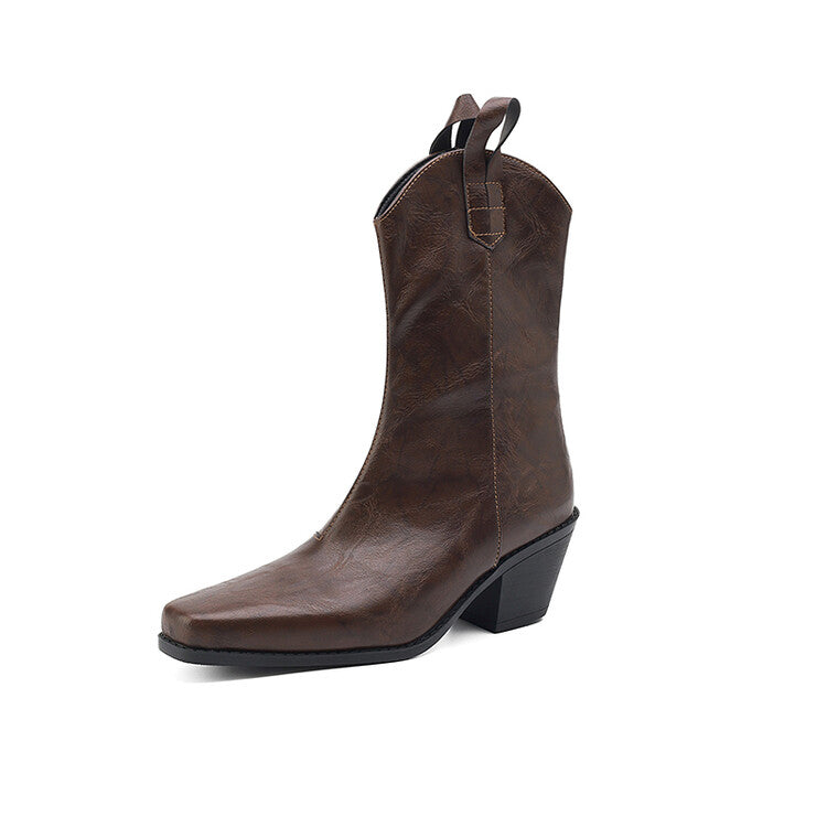 Women's Square Toe Block Heel Mid Calf Western Boots