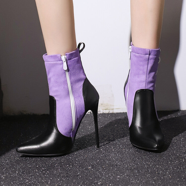 Women's Patchwork Pointed Toe Thin Heel Short Boots