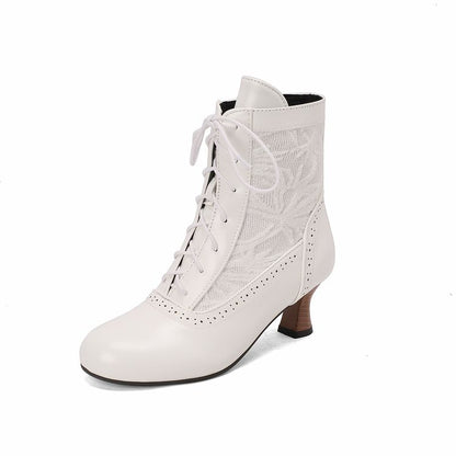 Women's Embroider Lace-Up Round Toe Hoof Heel Ankle Boots