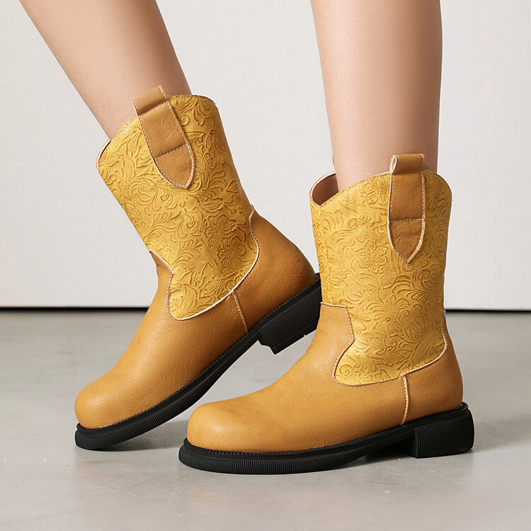 Women's Patchwork Round Toe Flat Platform Mid Calf Western Boots