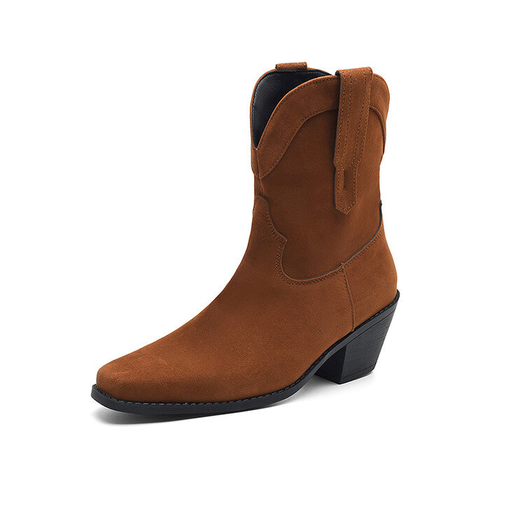 Women's Square Toe Block Heel Mid Calf Western Boots