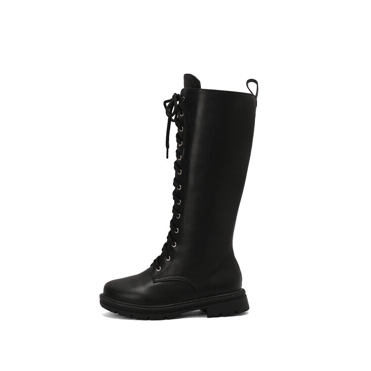 Women's Lace-Up Round Toe Flat Platform Knee High Boots