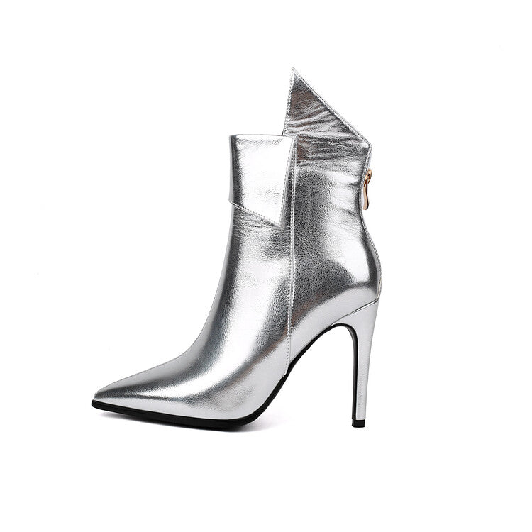 Women's Glossy Pointed Toe Thin Heel Ankle Boots