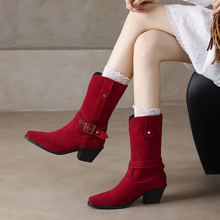 Women's Buckle Strap Block Heel Mid Calf Boots