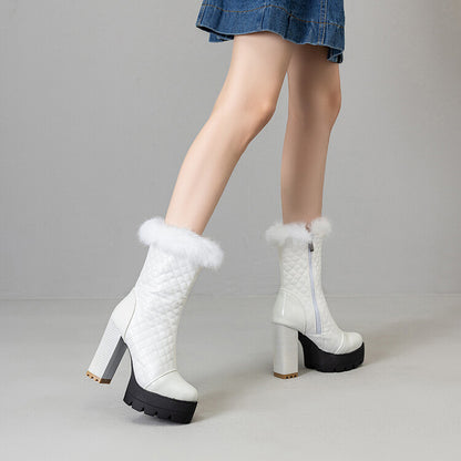 Women's Plush Plaid Round Toe Block Heel Platform Mid Calf Boots