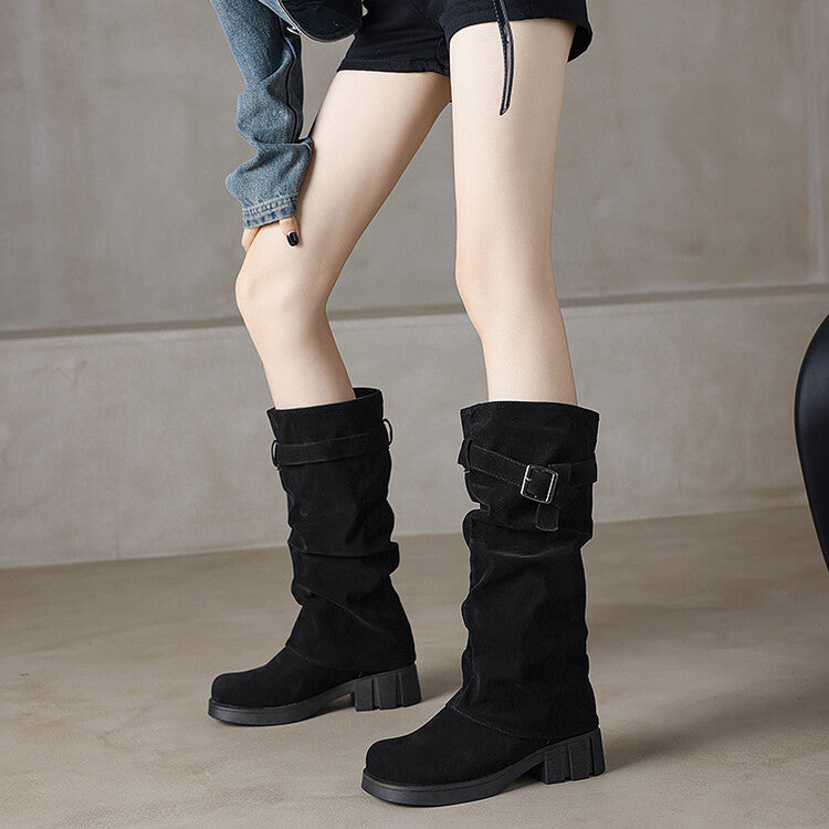 Women's Pleated Buckle Strap Low Heel Platform Mid Calf Boots